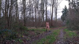 naked pathetic slave in penis cage and humiliating body writing hiking in public wood and peeing, BDSM CBT