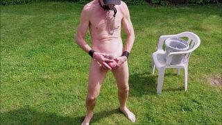 naked pathetic slave in penis cage during outdoor party entertain guests with nettle play, pee in 2 direction